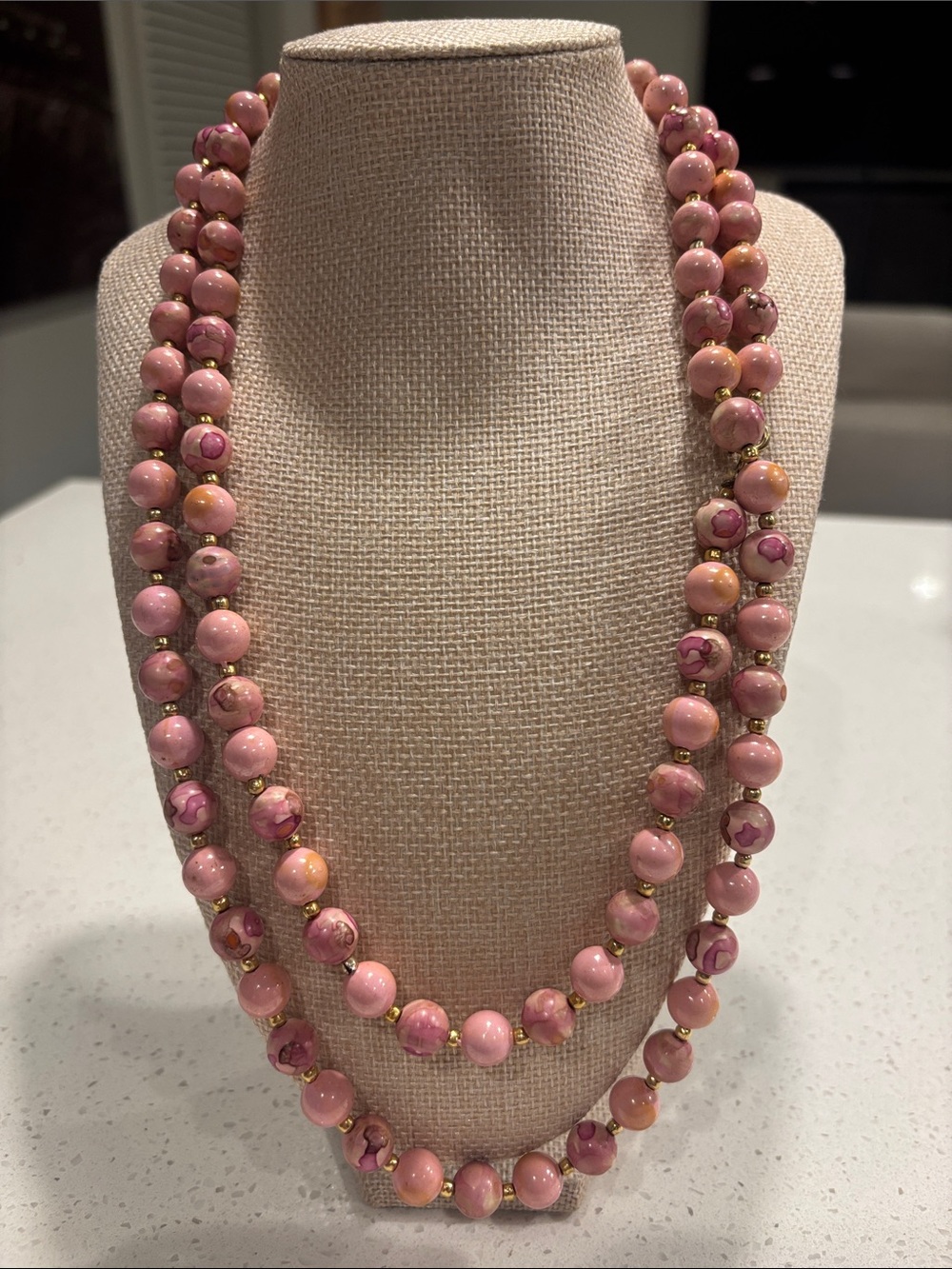 Vintage Style Double Strand Pink Beaded Necklace Gold Tone Accent Spacers Swirl